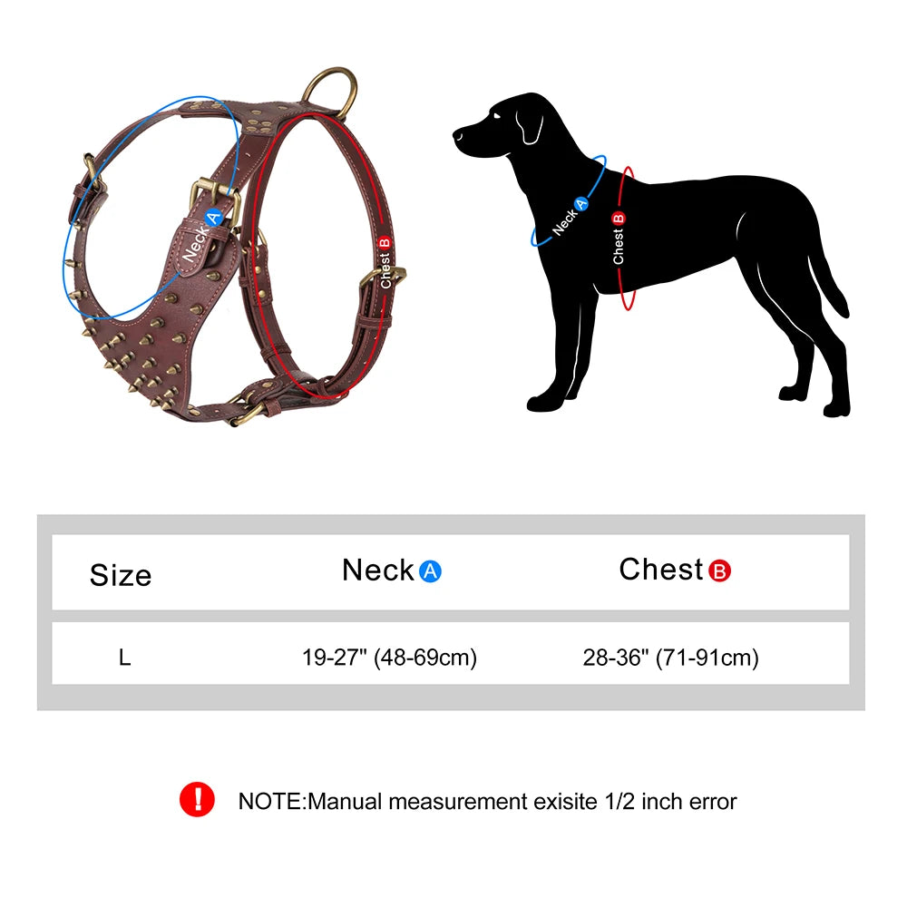 Durable Spiked Studded Dog Harness Big Dogs Genuine Leather Harnesses Pet Training Vest for Large Dogs Labrador Bulldog