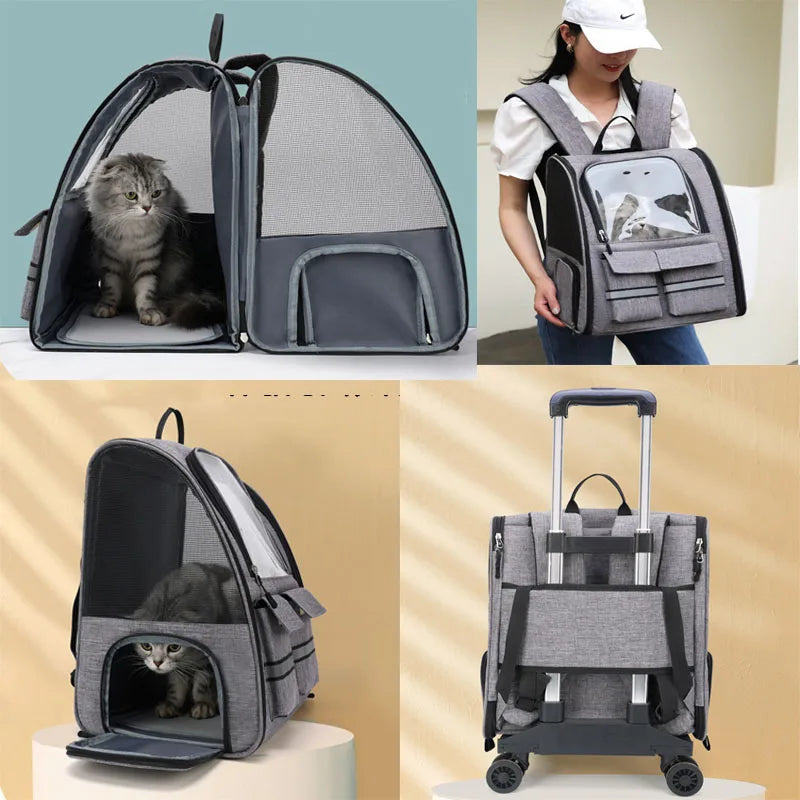 Breathable Pet Trolley Case Portable cat Backpack large Detachable Cat dog Travel Carrier Bag Outdoor Ventilation pet bag Pocket