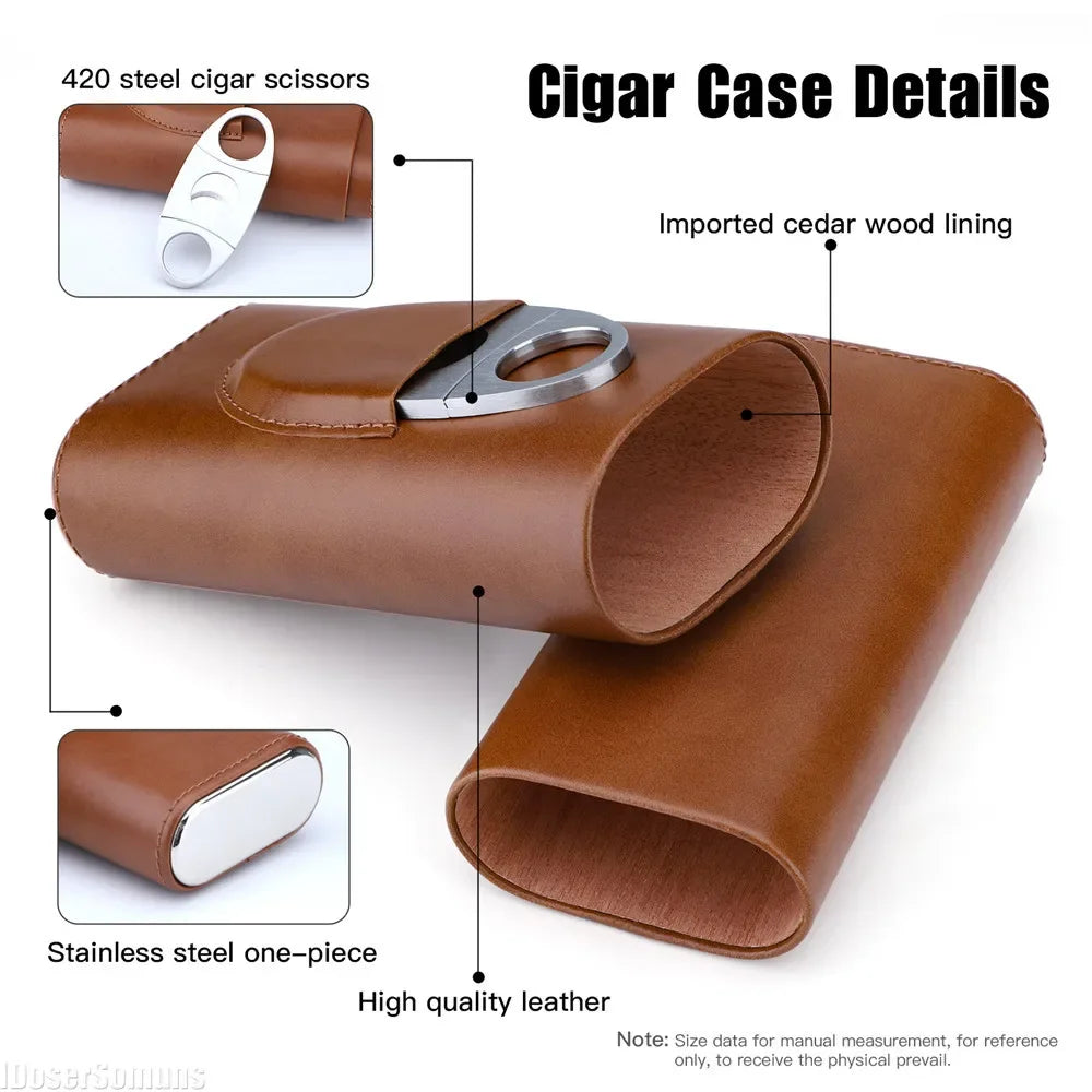 Portable Humidor Holder Box with Silver Cigar Cutter Three-Finger PU Leather Cigar Case Smoking Accessories for Business Gifts