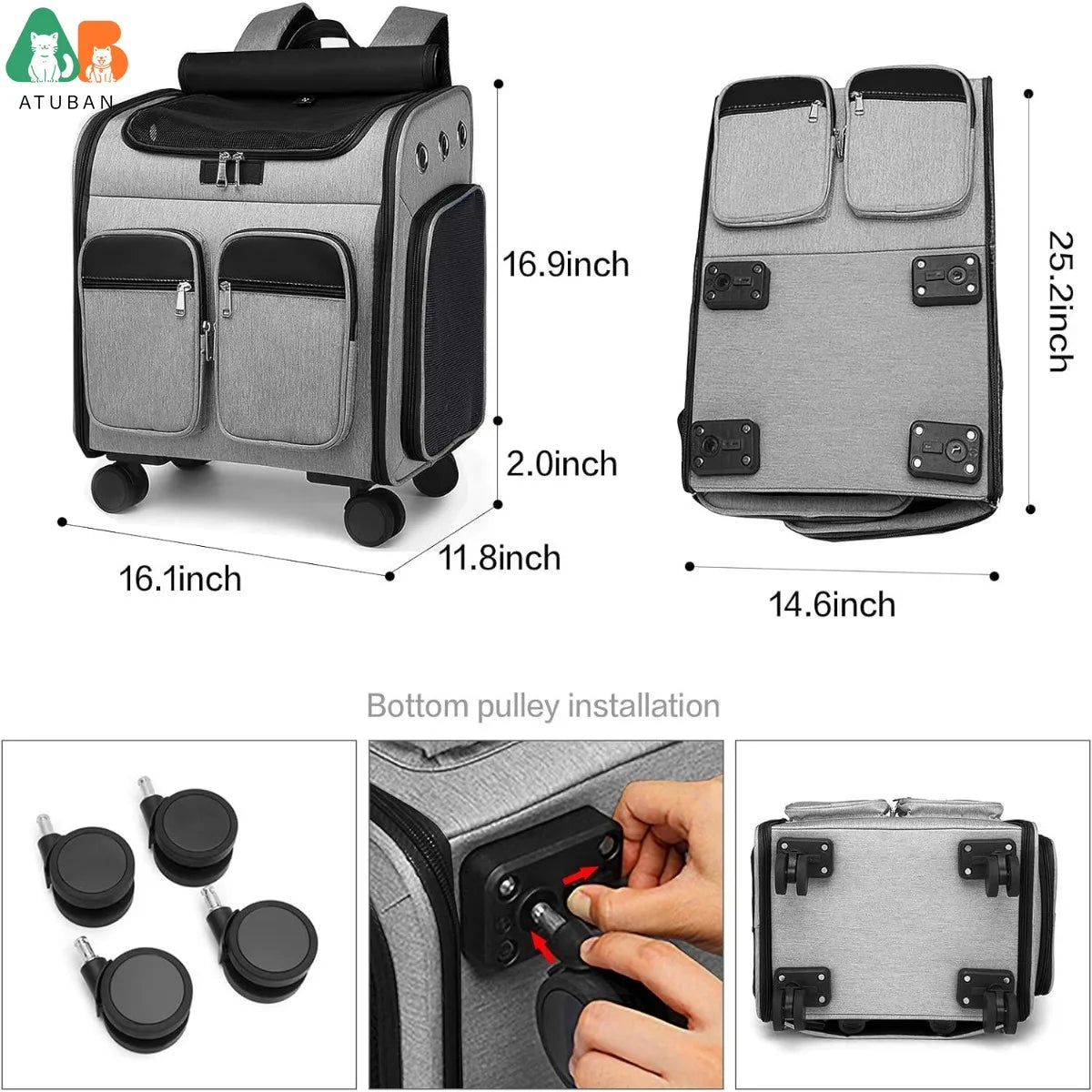 ATUBAN Wheeled Pet Carrier Backpack Pet Stroller, Travel Carrier, Car Seat for Small Dogs Cats Puppies, Comfort Cat Backpack