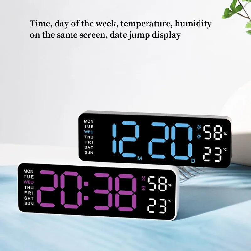 USB Powered Large Digital Wall Clock 9 Inch Temperature Humidity Week Auto Dimmer Table Clock Electronic LED Alarm Clock 12/24H