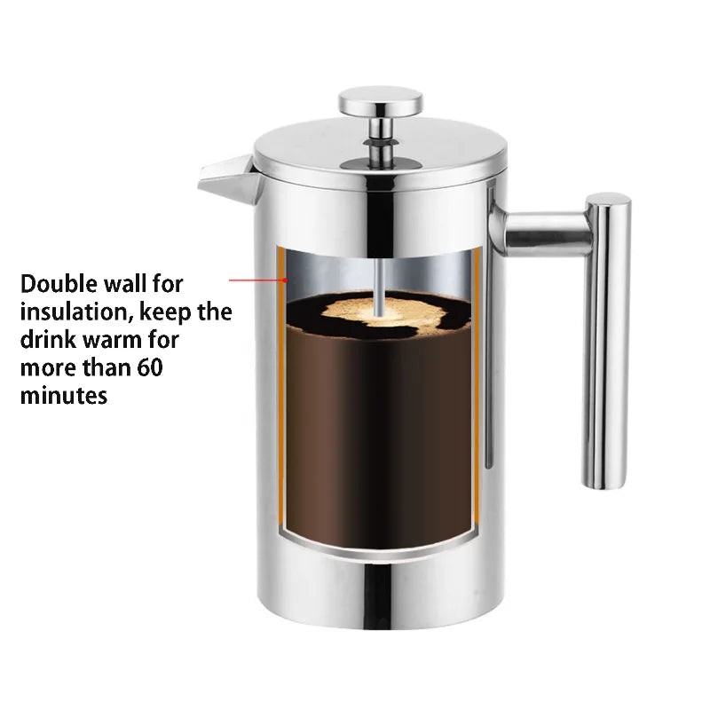 304 Grade Stainless Steel 1000ml Portable French Press Coffee Maker Pot Double Walled Insulated Hand Brewed Tea Brewing