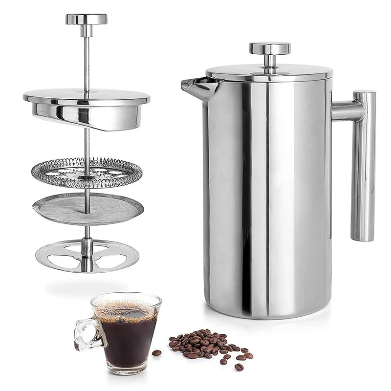 304 Grade Stainless Steel 1000ml Portable French Press Coffee Maker Pot Double Walled Insulated Hand Brewed Tea Brewing