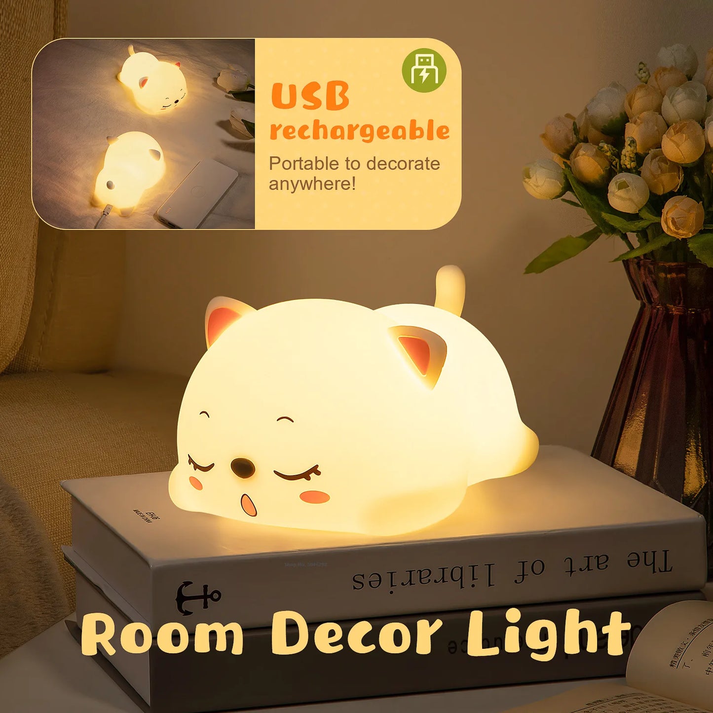 Cat LED Night Light Touch Sensor Remote Control Colorful Silicone USB Rechargeable Bedroom Bedside Lamp for Children Baby Gift