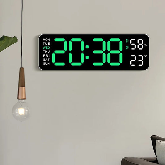 USB Powered Large Digital Wall Clock 9 Inch Temperature Humidity Week Auto Dimmer Table Clock Electronic LED Alarm Clock 12/24H