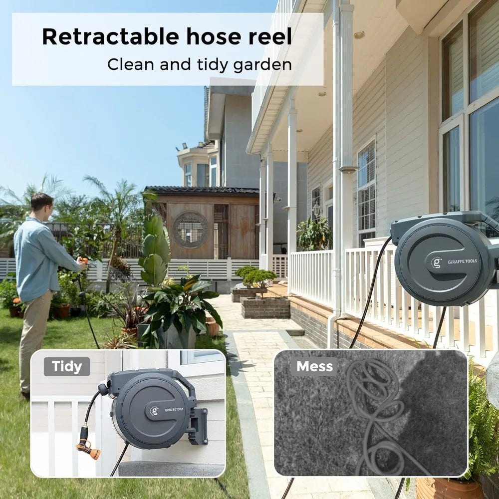 AW405/8MB Retractable Garden Hose Reel 5/8" x 90 ft PRO Metal Bracket, Heavy Duty, Any Length Lock Hose Reel, 90ft, Dark Grey