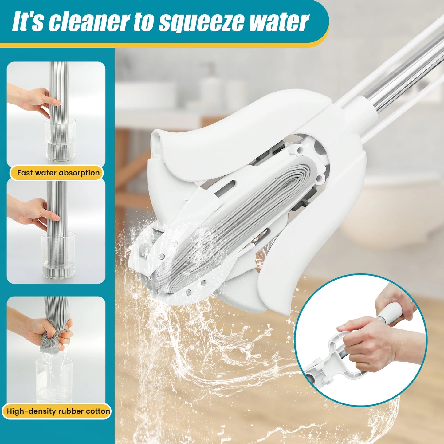 Sponge Mop for Floor Cleaning Free Hand Washing Squeeze Cotton Head Replace Super Absorbent Wet and Dry Use Sponge Roller Mop