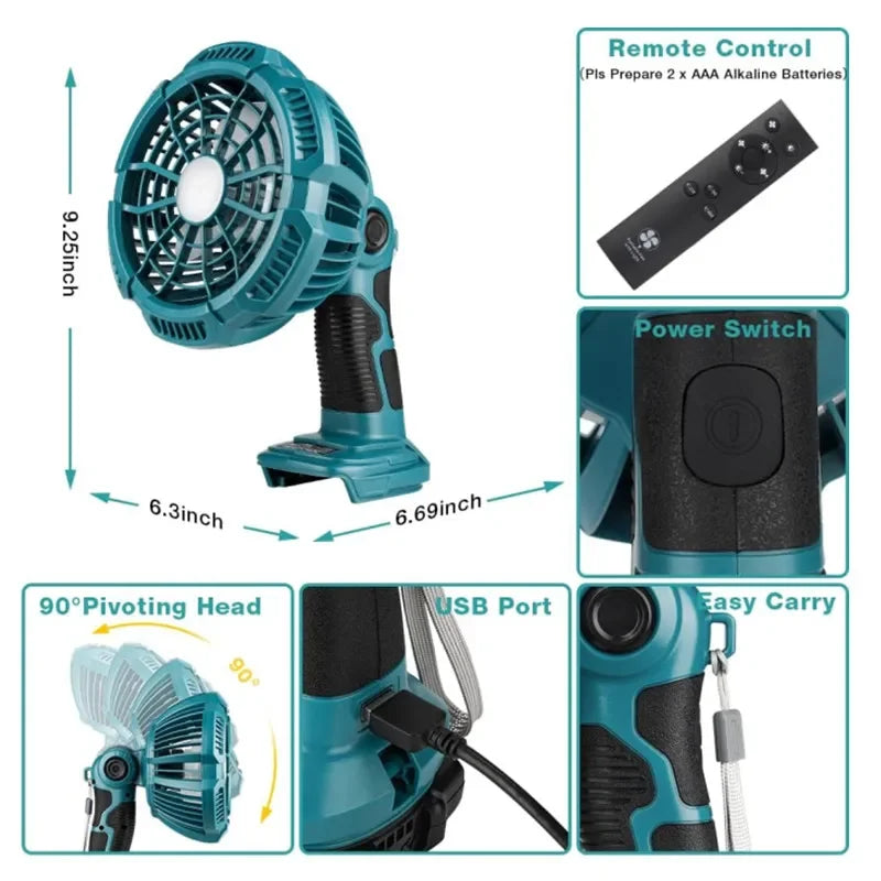 Portable Fan Powered for Makita BL1830 BL1850 18V Lithium-ion Battery Cordless Fan with 9W LED Work USB Port Camping Job Fan