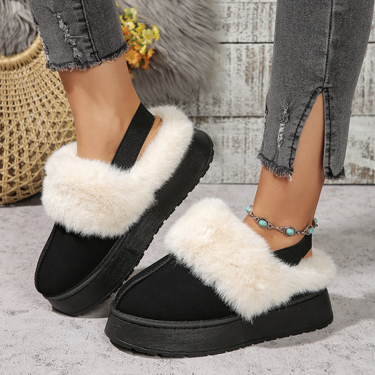 Winter Plush Home Slippers With Back-heeled Elastic Band Design Fashion Round Toe Flat Garden Shoes Warm Floor Slipper For Women