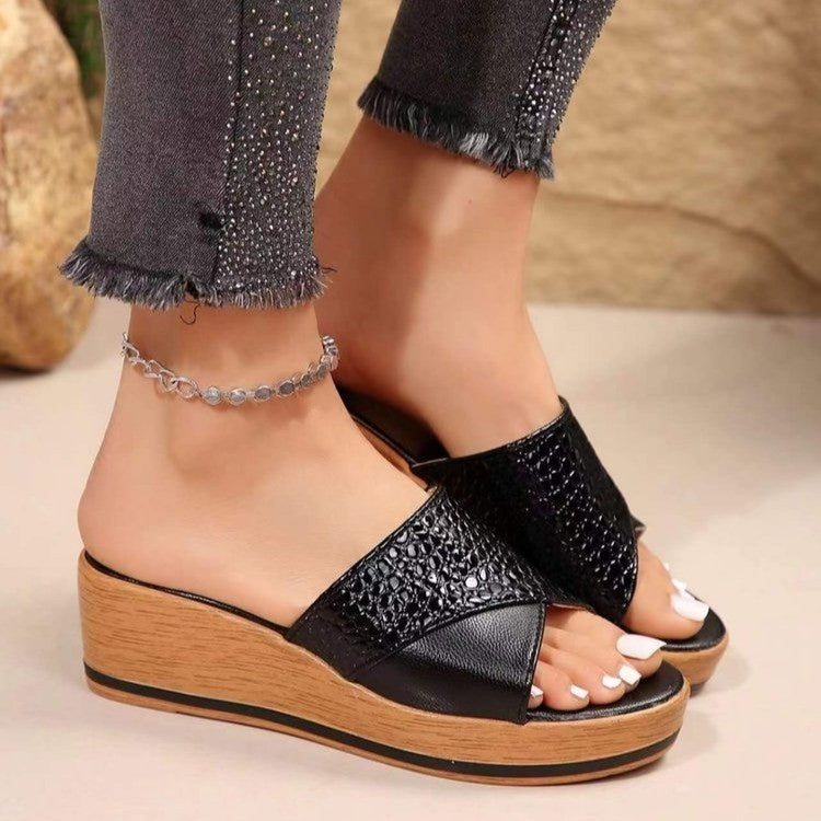 Fashion Snake-texture Wedges Sandals Summer Casual Peep-toe Thick Sole Heightening Slippers Outdoor Slides Shoes Women