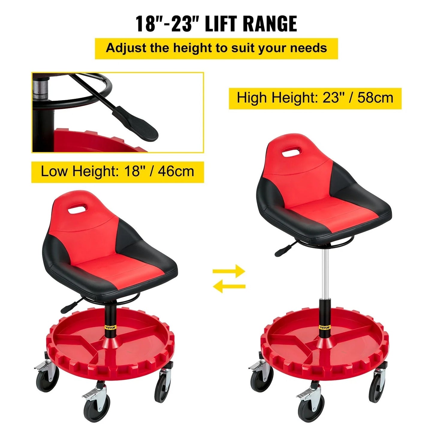 Rolling Garage Stool, 300LBS Capacity, 18-23 Adjustable Height Range, Mechanic Seat With Swivel Casters And Tool Tray, For Workshop, Auto Repair Shop, Red