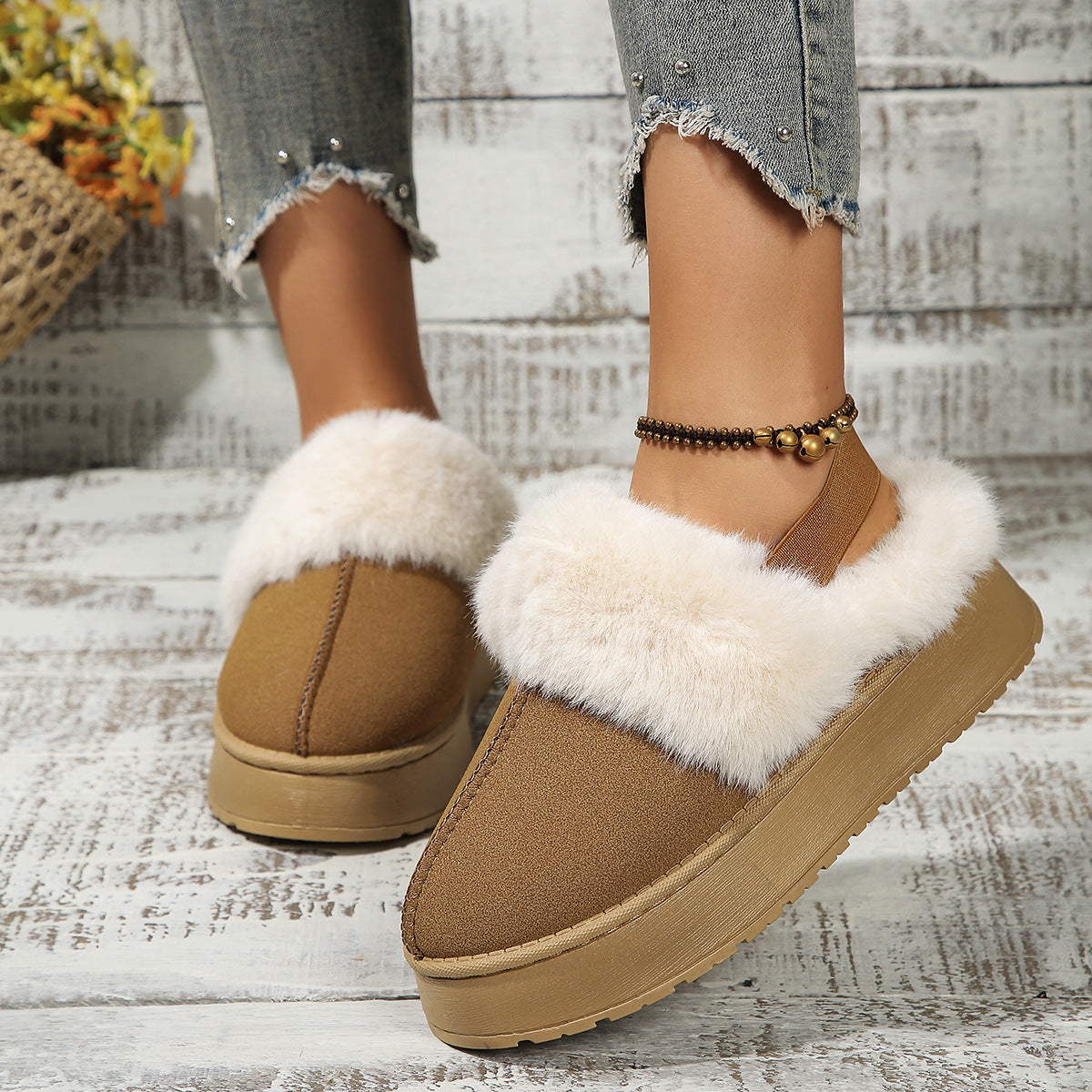 Winter Plush Home Slippers With Back-heeled Elastic Band Design Fashion Round Toe Flat Garden Shoes Warm Floor Slipper For Women