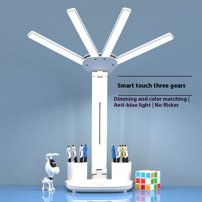 3in1 Multifunction Table Lamp LED Four-headed Folding With Fan Calendar Clock USB Rechargeable Desk Light 3 Color Reading Lamp