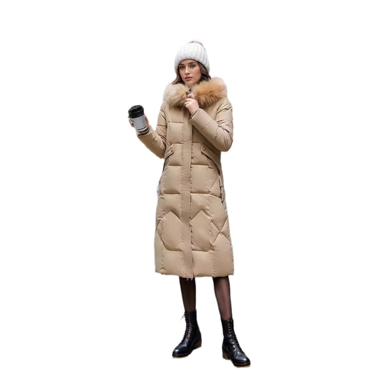 Slim Fit Below The Knee Cotton Coat Big Fur Collar Thickened Padded Jacket