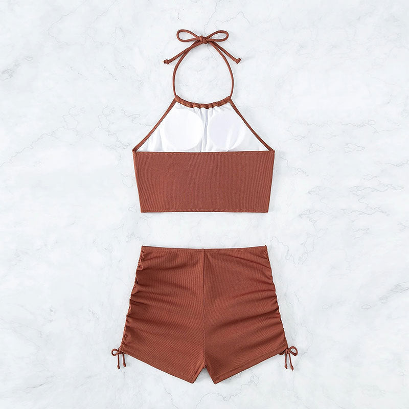 Summer Halter Neck Bikini Suit Fashion Drawstring Design Ins Style Swimsuit For Womens Clothing