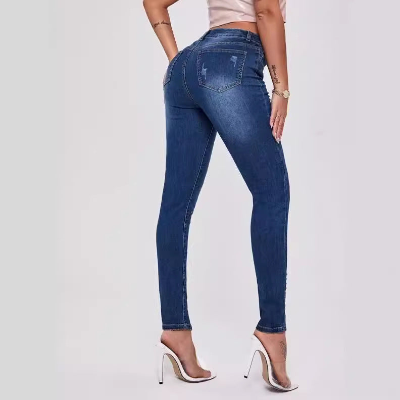 Slim Fit Patchwork High Waist Stretch Jeans